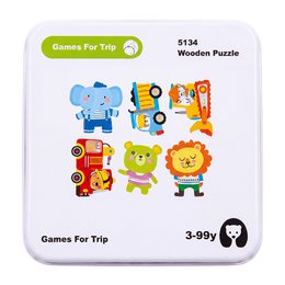 Colorful wooden puzzle featuring elephant, robot, cat, bear characters for toddlers.