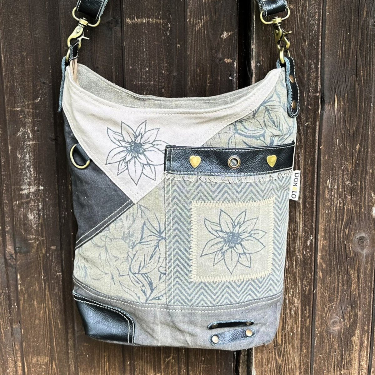 Domelo traditionele tas voor dames - dirndl tas met edelweiss & bloemen - canvas schoudertas zwart grijs - schoudertas voor Oktoberfest, traditionele outfit & dagelijks leven - Doemlo damestas