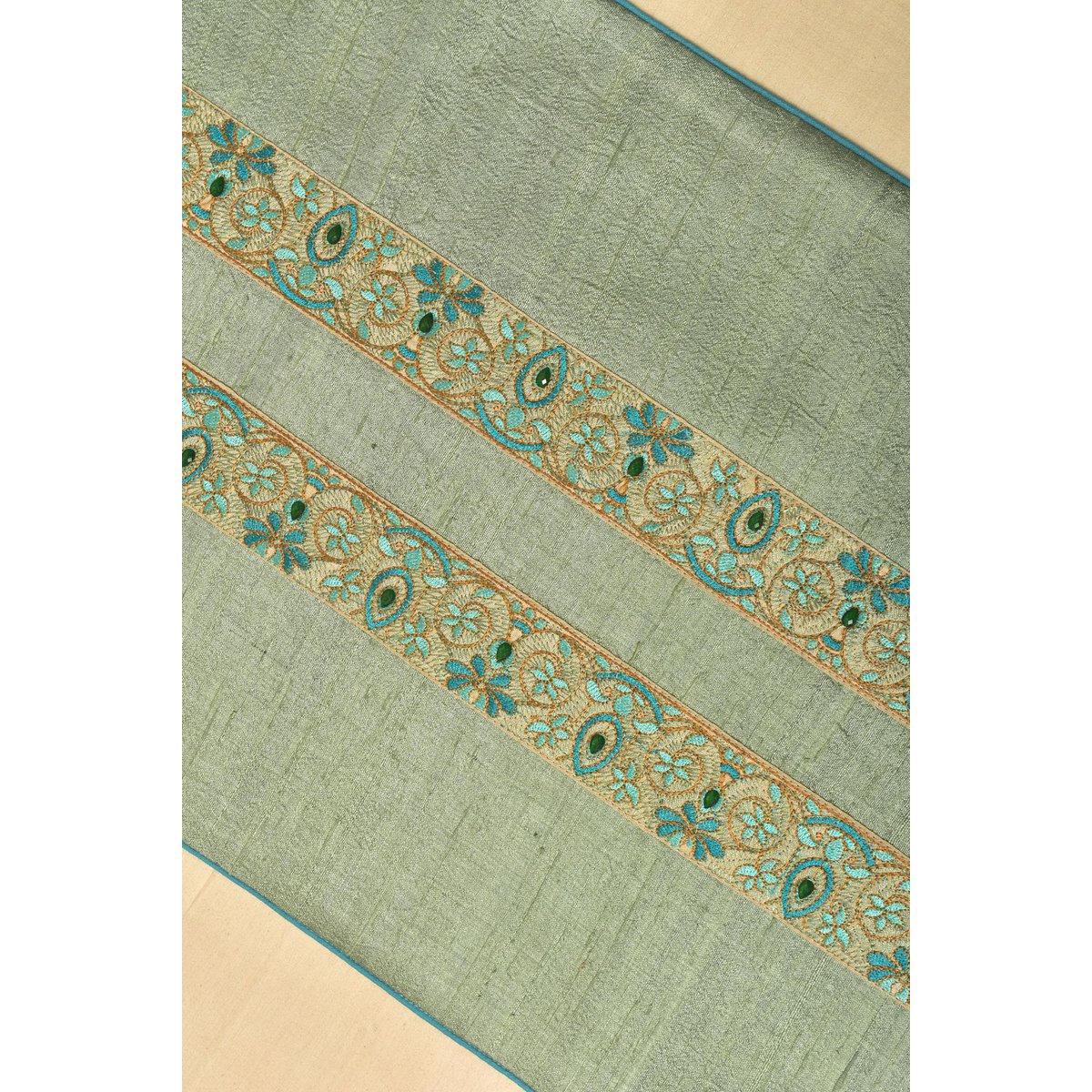 Hand-Embroidered Dupion Silk Table Runner - With Beadwork & Silk Piping