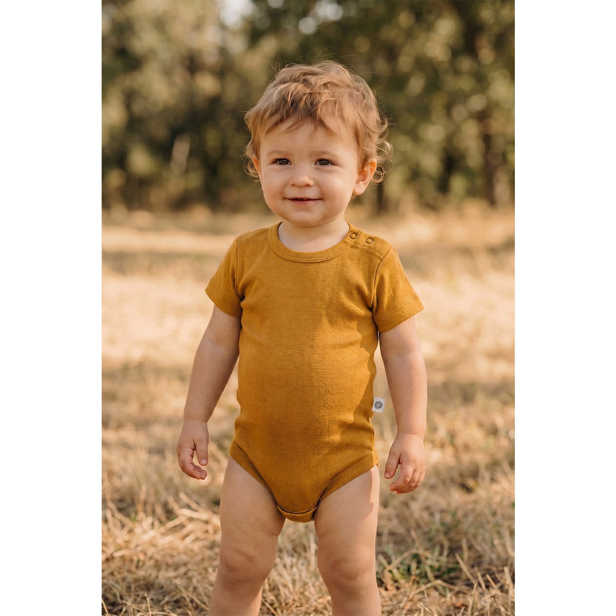 Kurzarm-Body aus Wolle – Merinowolle – Harvest Gold