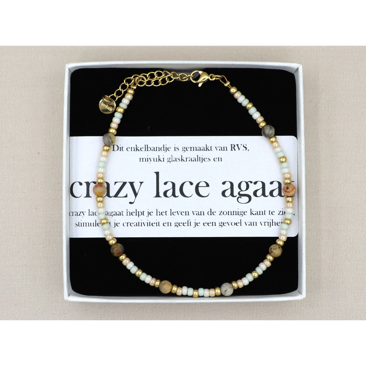 Enkelbandje crazy lace agaat, zilver of goud rvs