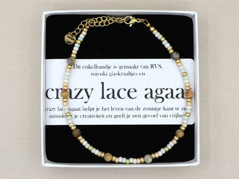 Enkelbandje crazy lace agaat, zilver of goud rvs