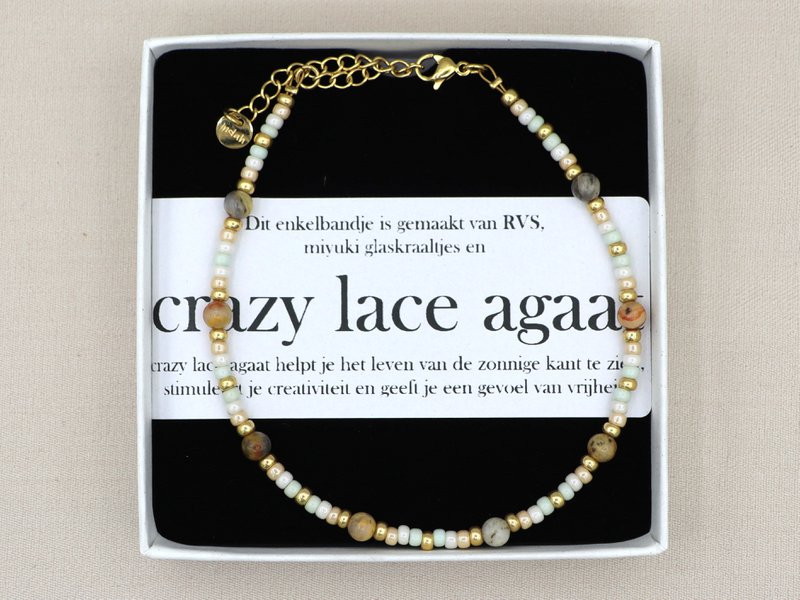 Enkelbandje crazy lace agaat, zilver of goud rvs