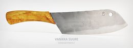 A large, heavy-duty kitchen knife with a sandblasted stainless steel blade and a yellow wooden handle.