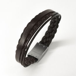 Braided leather charm bracelet in dark brown color.