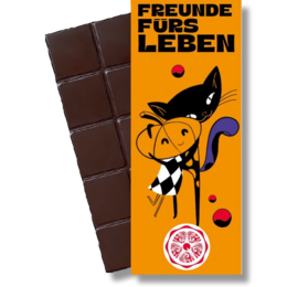  Dark chocolate bar with "Friends for Life" text and a cartoon cat character on the packaging. The chocolate bar appears to be organic.