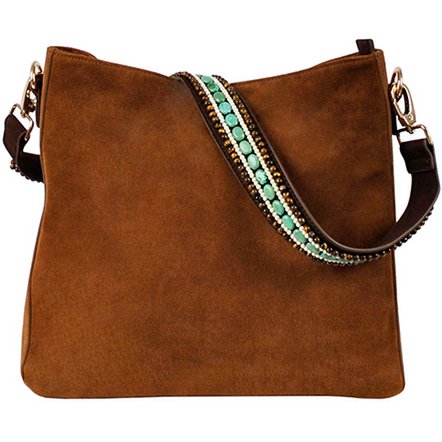 BOHO IBIZA BAG - Tracolla Tiger Turchese (70cm) + Borsa in pelle scamosciata (Cognac)