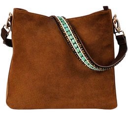 Cognac suede shoulder bag with turquoise and beaded strap