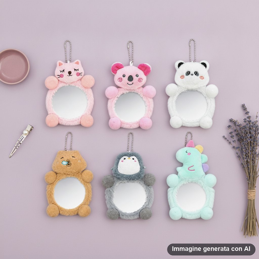 Dierenpluche compacte spiegel - Kawaii sleutelhangerset