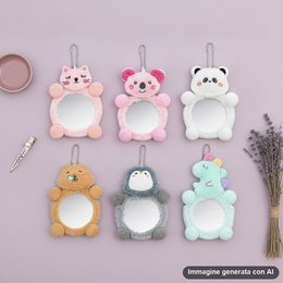 Dierenpluche compacte spiegel - Kawaii sleutelhangerset