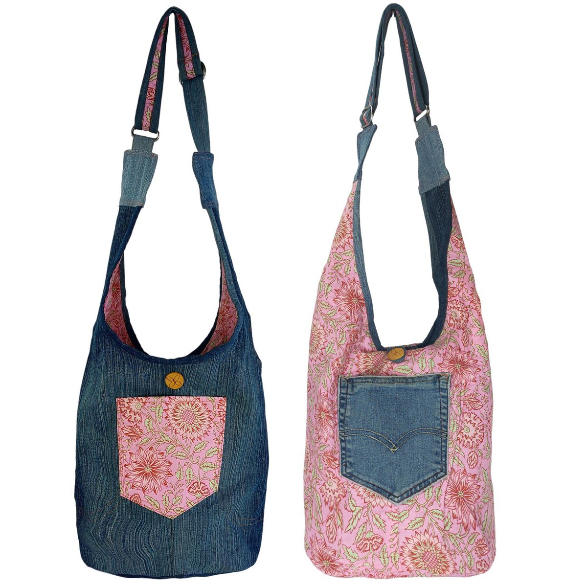 Ekologiczna torba na dżinsy Sunsa. Dwustronna przenośna torba na ramię. Torba Hobo. Torba na ramię w stylu boho