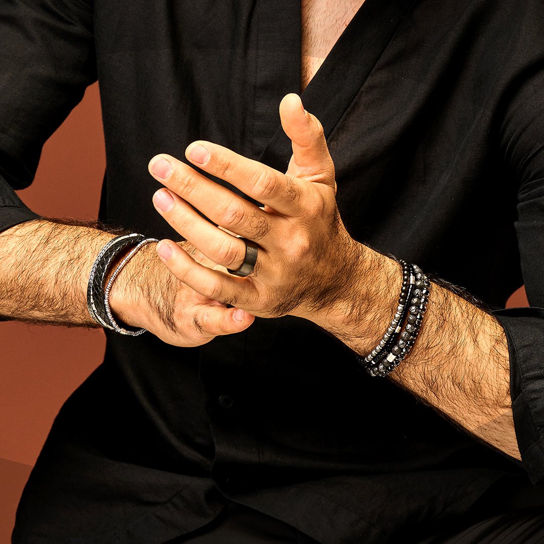 Frank 1967 7FB-0559 Kralen Armband - Heren - Rekbaar - 19 cm - Hematiet - 3 mm Doorsnee - Zilverkleurig
