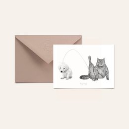  Postcard featuring a sketch of a cat and a rabbit in a minimalist, black and white style. The postcard is suitable for sending to friends or family, or for use as a greeting card.