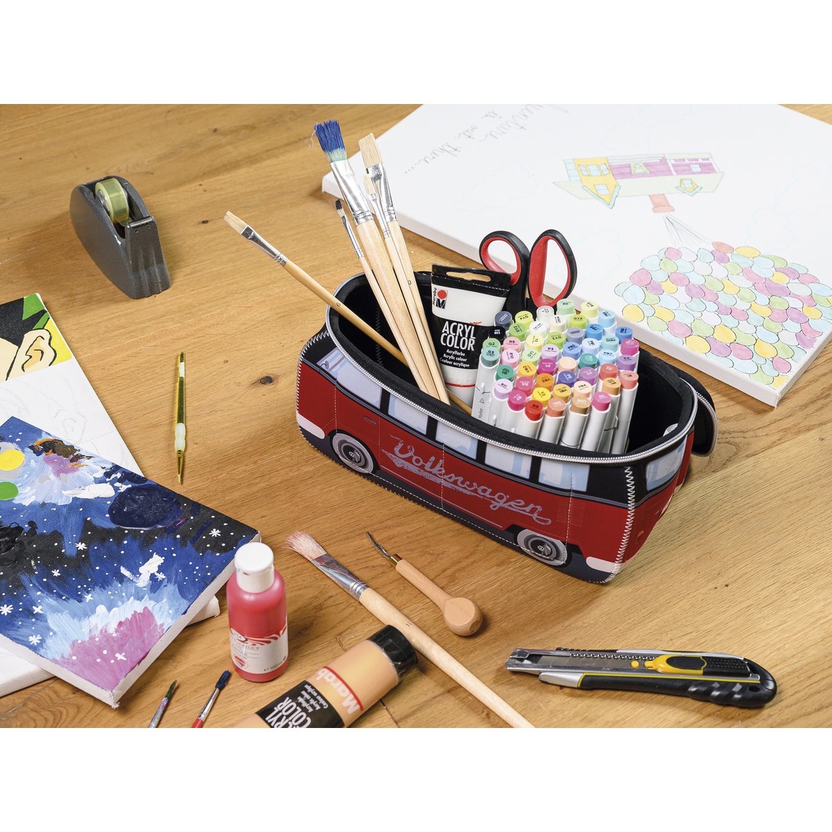 Volkswagen VW T1 Bus 3D Neopreen Universele Tas - Klein - /Rood & Zwart