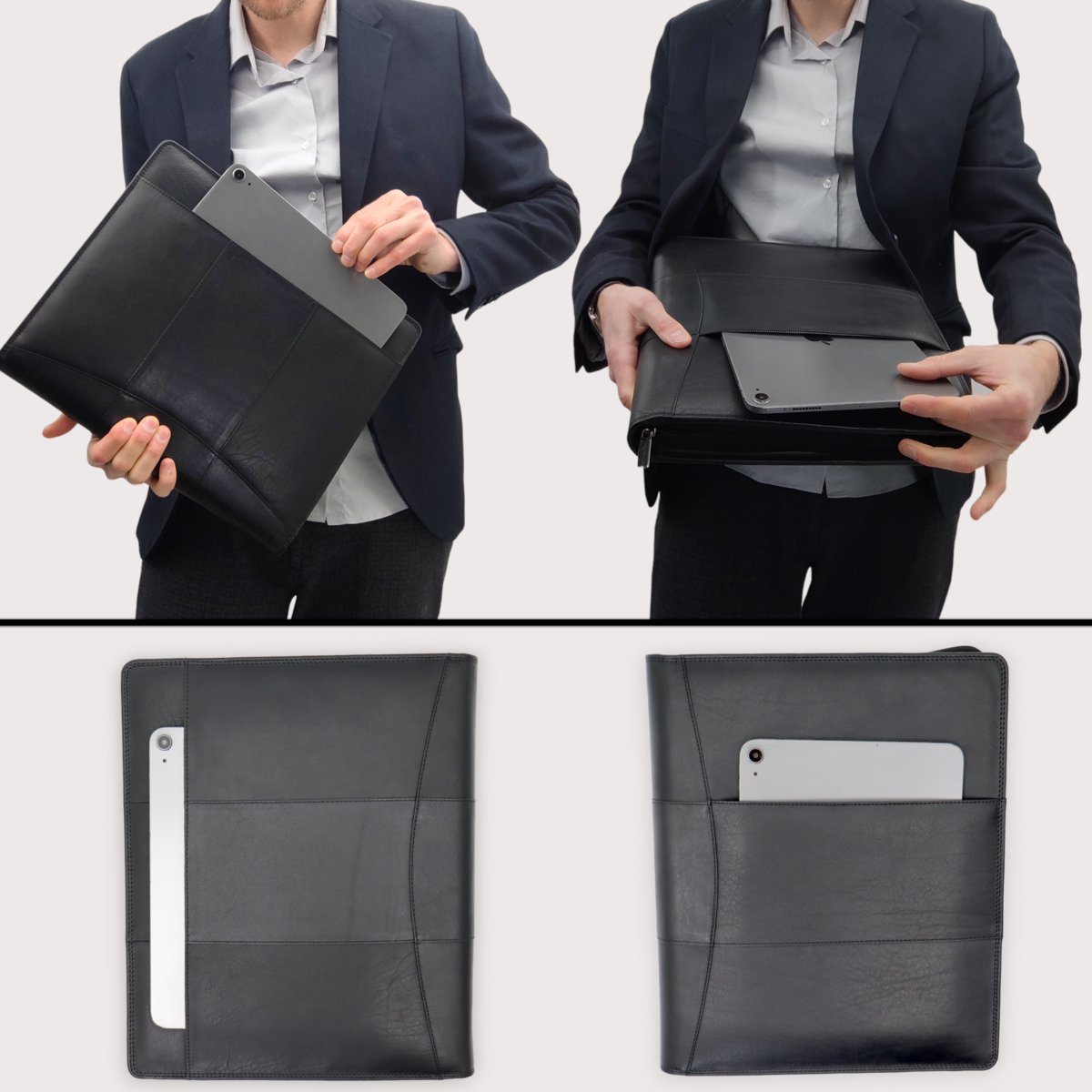 Leather Writing Case A4 - Conference Folder - Document Folder A4 - Tablet Sleeve & Laptop Sleeve - Removable Ring Binder