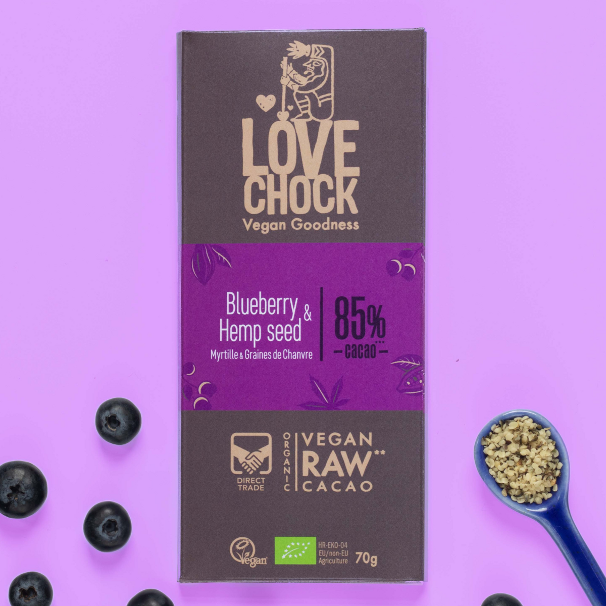 85% chocolate con arándanos y semillas de cáñamo - Copia orgánica, cruda, de origen vegetal y sostenible