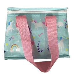 Insulated lunch bag with unicorn and rainbow print, featuring a pink handle and zipper closure. Suitable for kids' meals and snacks.