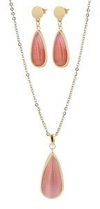 "Malike", accent jewelry set, stainless steel, cat's eye, necklace & earrings, gold-colored, 45 cm