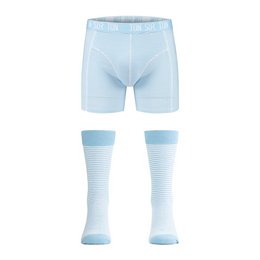  A set of matching striped socks and boxer shorts for men. The boxer shorts are available in sizes S, M, L, XL, and XXL. The socks and boxers feature a light blue and white striped pattern.