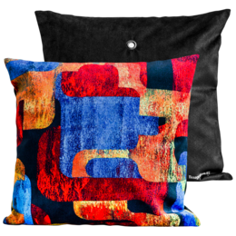 Vibrant abstract cushion with bold colors and geometric shapes, suitable for modern or contemporary home decor.