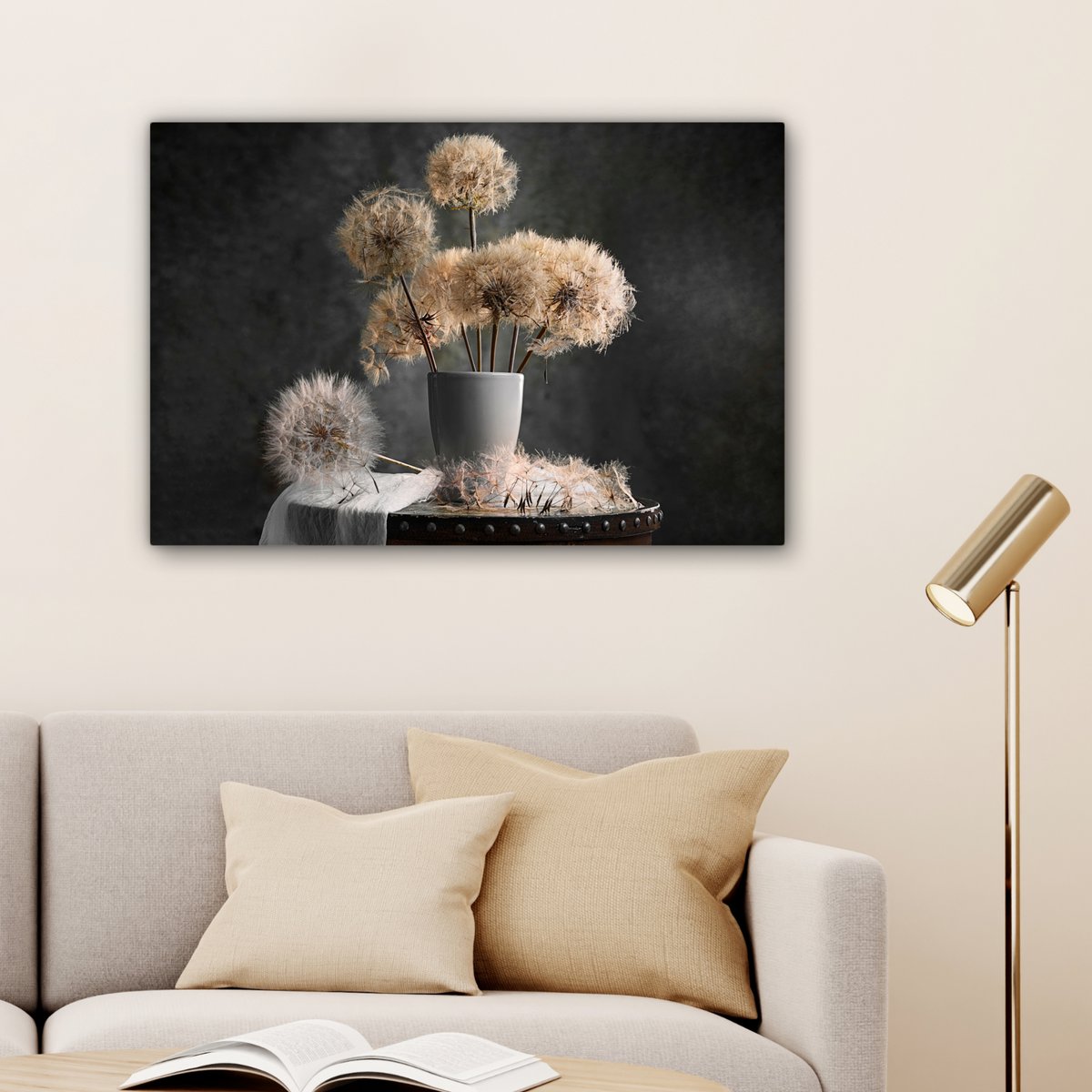 Leinwand Malerei - Wanddekoration - Blumensamen - Löwenzahn - Vase - Stillleben - Bouquet