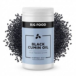 Black cumin oil supplement capsules, cold-pressed pure seeds, health wellness bottle.