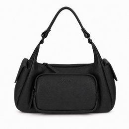 Black leather shoulder bag, double handles, rectangular shape, medium size, convertible strap.