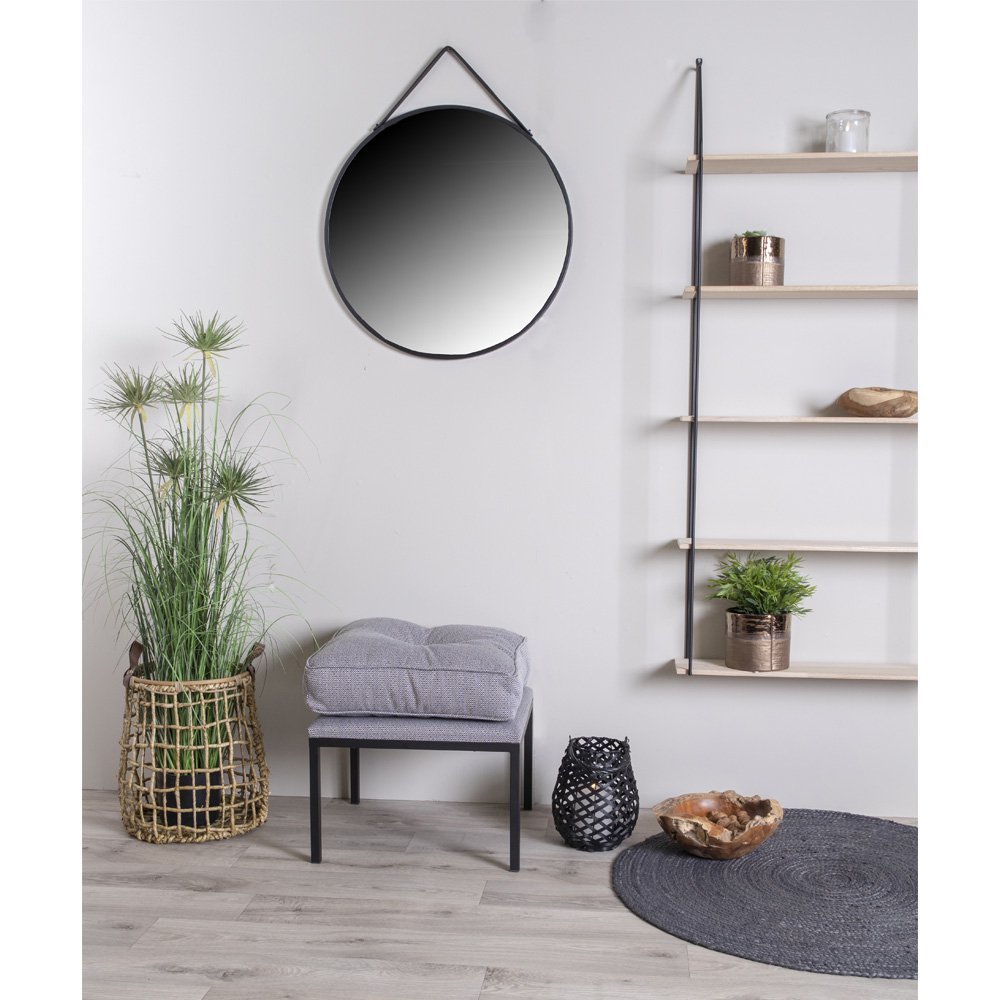 Trapani Mirror - Black, Steel, Artificial Leather, Ø38cm