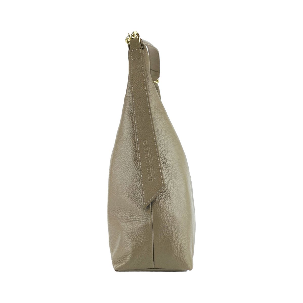 RB1017AQ | Zachte damesschoudertas van echt leer, gemaakt in Italië, met enkel handvat en afneembare schouderband. Opzetstukken met glanzende goudkleurige metalen karabijnhaken - Kleur taupe - Afmetingen: 36 x 40 x 13 cm