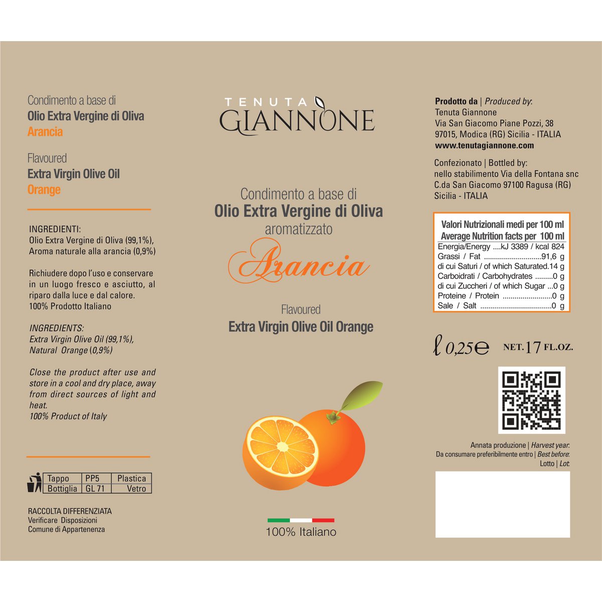 ITALIA | SICILIA | FLAVOURED Extra Virgin Olive Oil | ORANGE | 250 ml