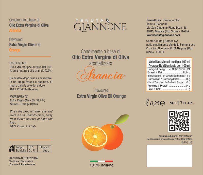 ITALIA | SICILIA | FLAVOURED Extra Virgin Olive Oil | ORANGE | 250 ml
