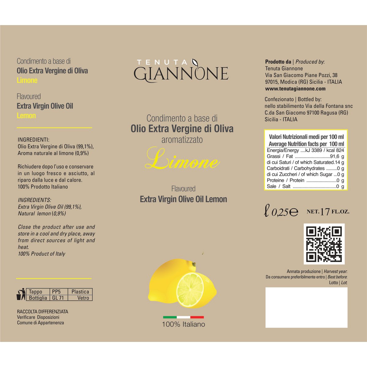ITALIA | SICILIA | FLAVOURED Extra Virgin Olive Oil | LEMON | 250 ml