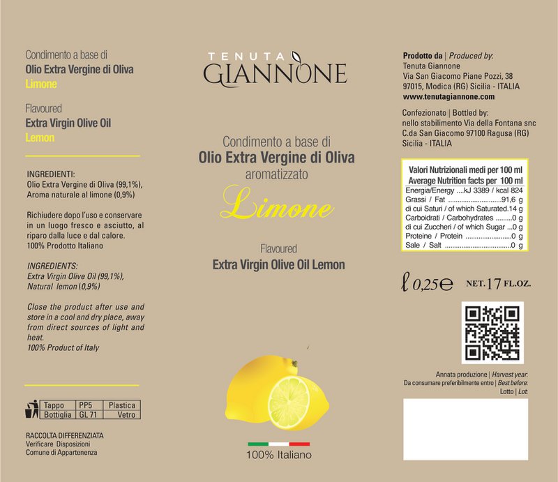 ITALIA | SICILIA | FLAVOURED Extra Virgin Olive Oil | LEMON | 250 ml