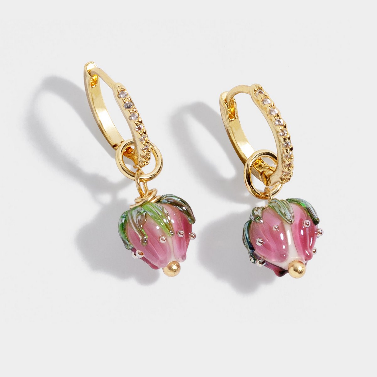 Glass floral pendant earrings mini hoops gold plated
