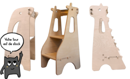 Wooden Montessori learning tower with animal designs, including a giraffe, dragon, and penguin. The tower features a sturdy, step-like design to allow young children to safely access countertops and tables.