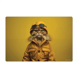  Desk mat with a stylish, vintage-inspired design featuring a cat wearing a yellow jacket and sunglasses against a yellow background.