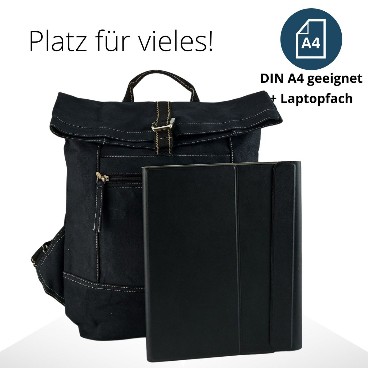 Plecak z woskowanego płótna Domelo. Wodoodporny plecak unisex. Wegański plecak rekreacyjny. Monochromatyczny, zwijany plecak z dużą ilością miejsca.