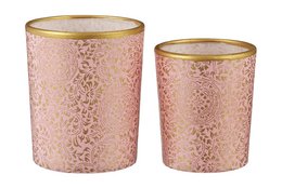 A set of two pink tealight holders with a baroque-inspired design and gold trim. The holders are cylindrical in shape and suitable for use with tealight candles.
