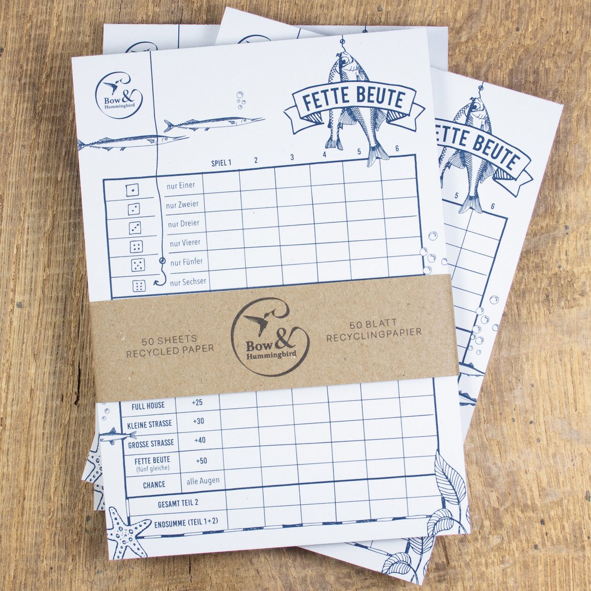 Play block "fat prey" dice game from recycled paper