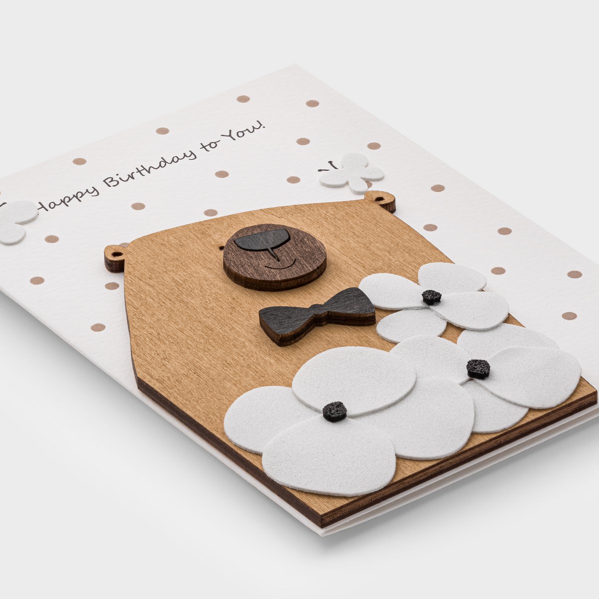 3D Houten Beer Verjaardagskaart – Handgemaakt met bloemen voor jou