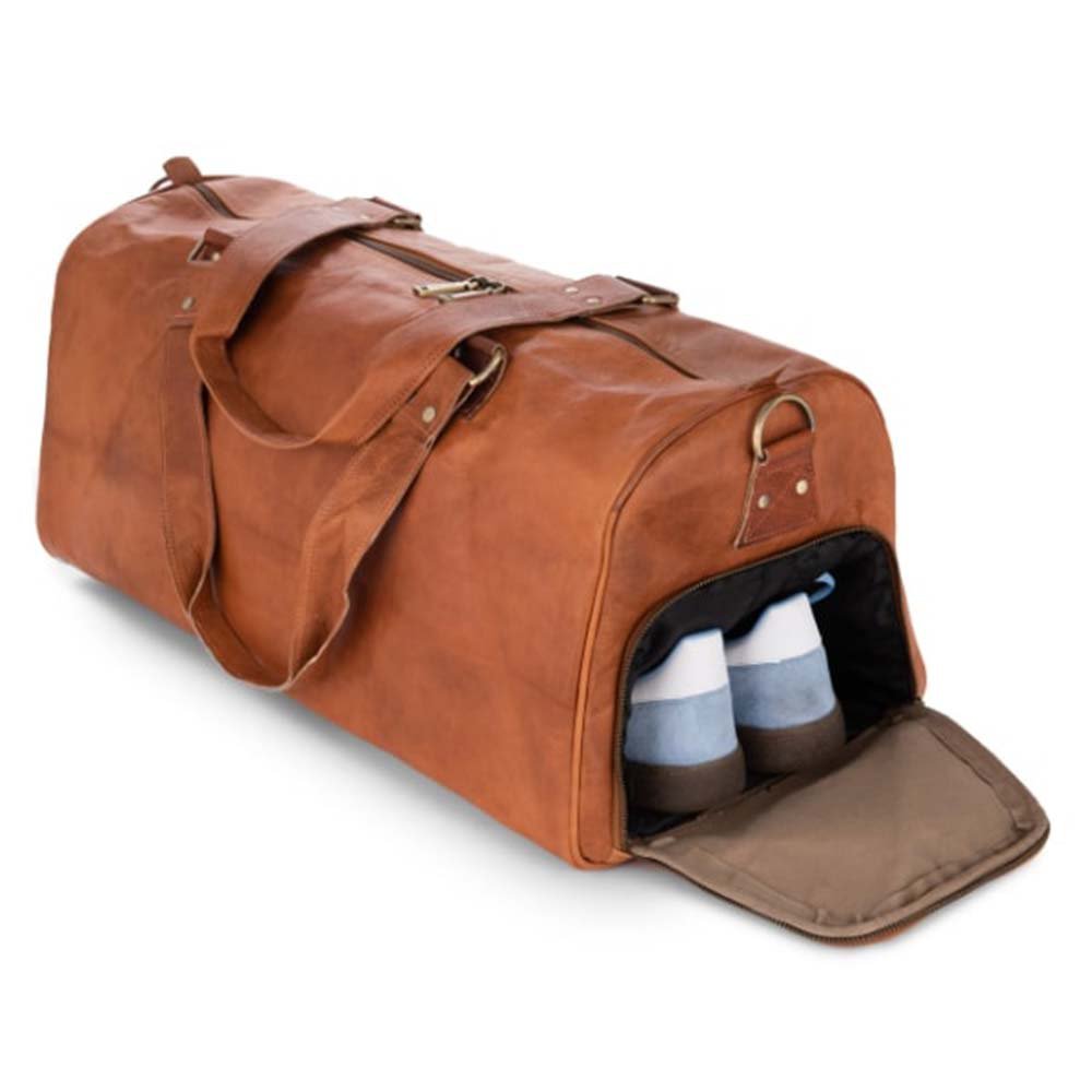 Handmade Moroccan Leather Travel Bag – Artisan 58cm “Grand Voyager” Duffle with Shoe Compartment & Protective Base Rivets