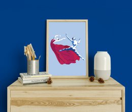  Wall art illustration featuring a dancer in a red dress on a blue background. Available in various sizes from A4 to 60x90 cm.
