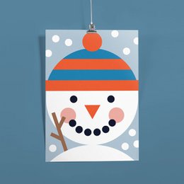 A poster featuring a cheerful snowman with a red and orange striped hat against a blue and white polka dot background.