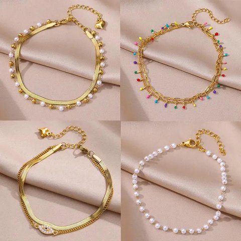 Fußkettchen für Damen, Sommer-Strand-Accessoires, Edelstahl-Imitationsperlenkette, Fußkettchen, goldfarbene Beinarmbänder, Bodychain-Geschenke