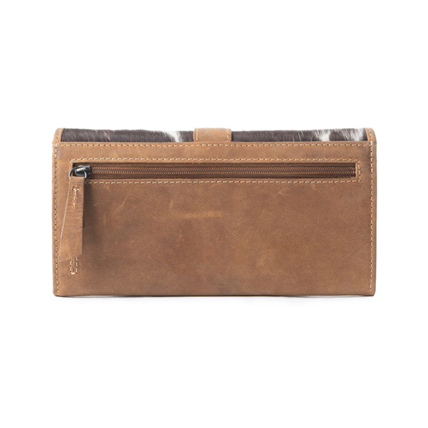 Handmade “Wind Rider” Leather & Hair-on-Hide Wallet – Artisan Tooled Western Clutch in Saddle Brown