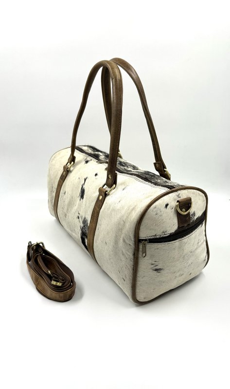 Borsa da viaggio in pelle e pelliccia naturale fatta a mano – Borsone artigianale "Elite" da 42 cm e borsa da fine settimana unisex unica