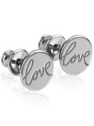 Silver rhodium plated stud earrings with "LOVE" text. Round, simple, elegant design.