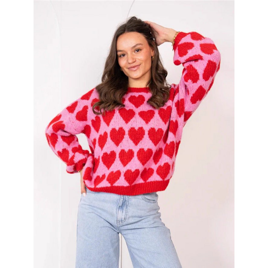 Pull court tricoté en jacquard de couleur contrastée pour la Saint-Valentin