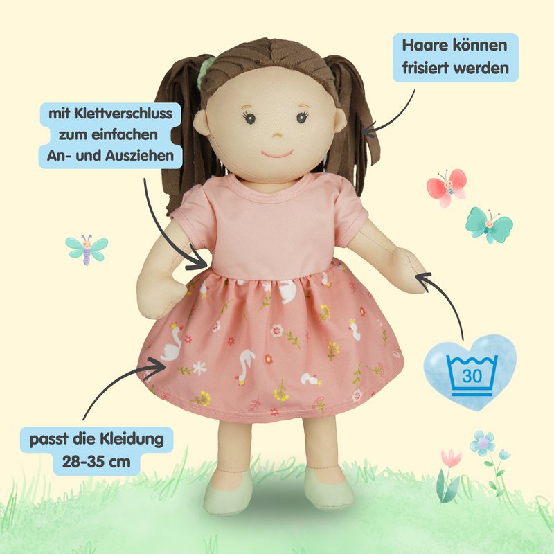 Stof Doll '' Lucie '' med kjole til at sætte på og tage af, 32 cm