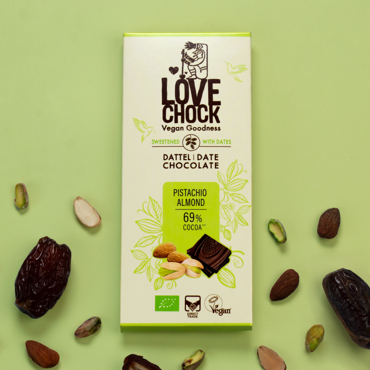Chocolat sucré avec des dates pistache d'amande 69% de cacao - bio, végétalien, durable